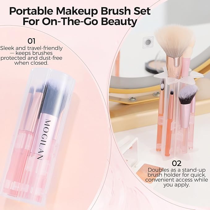 Travel Makeup Brush Set – Portable 6PCS Mini Cosmetic Brushes for Foundation, Concealer, Eyeshadow, Blush, Powder, Contour & Highlight, On-the-Go Makeup Brush Kit with Travel Case