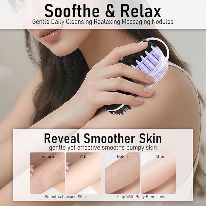 2 in 1 Silicone Body Hair Scrubber Upgraded Bristles Exfoliator Massage Shower Bathing Bath Women Brush Scrubbers for All Skin Body Wash (1pc Black+Purple)