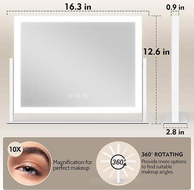 Lighted Makeup Mirror, 16.3"x12.6" Hollywood Vanity Mirror with Lights, 10X Magnification, 3 Color Lighting Modes, Smart Touch Control, 360° Rotation for Bedroom or Tabletop (White)