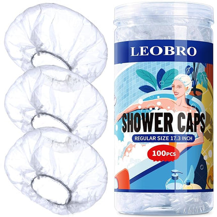 LEOBRO 100PCS Disposable Shower Caps, Shower Caps for Women Disposable, Clear Plastic Shower Cap, Plastic Hair Caps for Hair Treatment, Regular Size 17.3 INCH