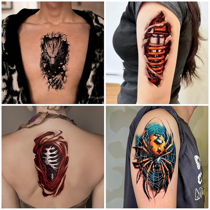 77 Sheets 3D Realistic Temporary Tattoos Adults Kids, Spider Skull Tiger Lion Dragon Snake Temporary Tattoos for Women Men, Half Arm 3D Halloween Temp Tattoos Body Shoulder Tatoos Waterproof