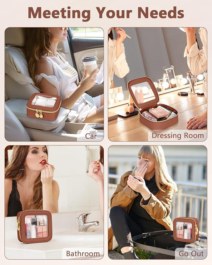 Mini Makeup Bag, Small Makeup Bag for Purse, Waterproof Clear Makeup bag, Leather Cosmetic Bag, Square Make Up Bag Pouch, Toiletry Bag for Travel, Car and Women, Brown