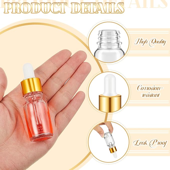 100 Pcs Mini Glass Oil Dropper Bottle Bulk, Clear Essential Small Empty Bottles Sample Containers Perfume Liquid Vials with Cap for Traveling (10 ml,Gold)