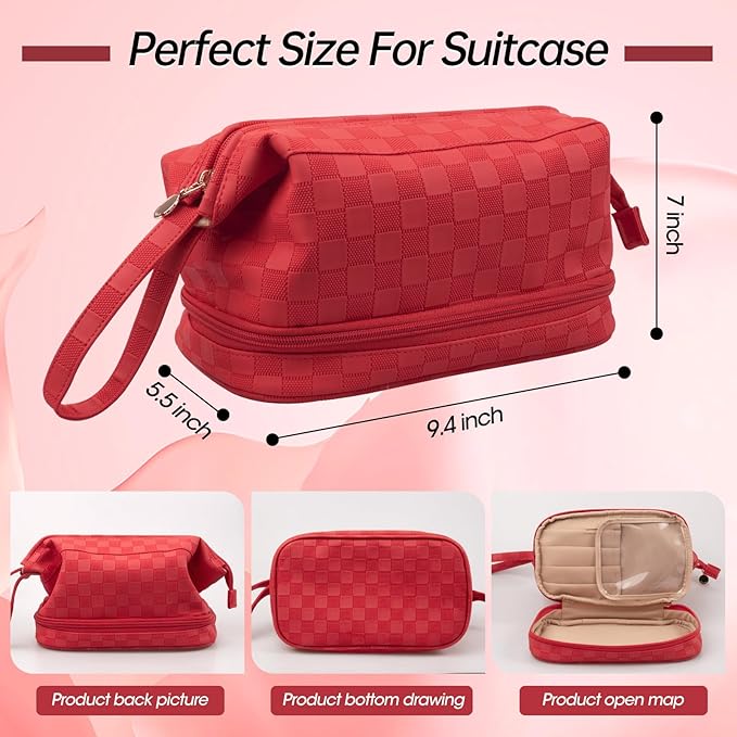 Abiudeng Large Capacity Makeup Bag Ladies Cosmetic Bag Travel Bag with Compartments Portable PU Leather Travel Makeup Bag with Handle