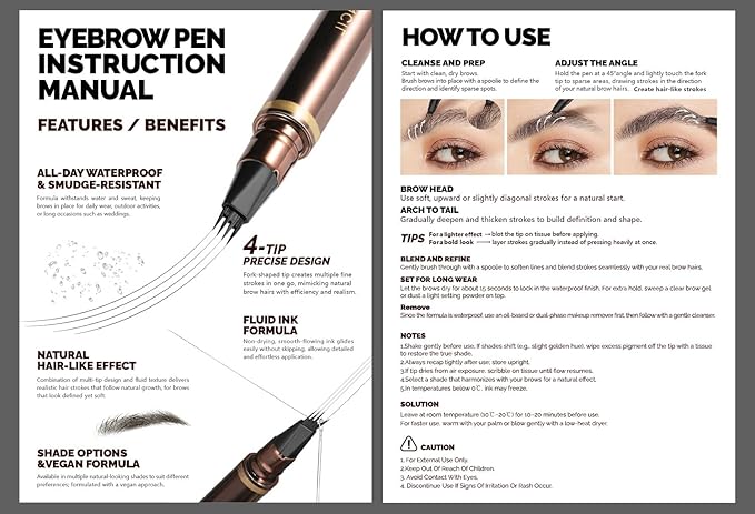 2 Pack Eyebrow Pen, Waterproof Microblading Eyebrow Pencil, 4 Tip Precise Eye Brow Makeup Pen for Women to Effortlessly Create Hair Like Natural Brows, Non Dry Out and Last All Day (Medium Brown)
