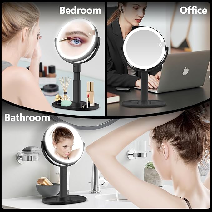 MIYADIVA Makeup Mirror with Lights, 30X Magnifying Mirror with Light and Touch Switch, Vanity Mirror with 3 Color Light and 80 LEDs, Height Adjustable Desk Mirror with Lights, Black