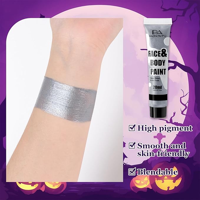 Silver Face Body Paint - Professional Water-Based Non-Toxic Body Painting for Vampire, Skeleton Halloween SFX Cosplay, Full Coverage Washable Cream for Costume Party Theater