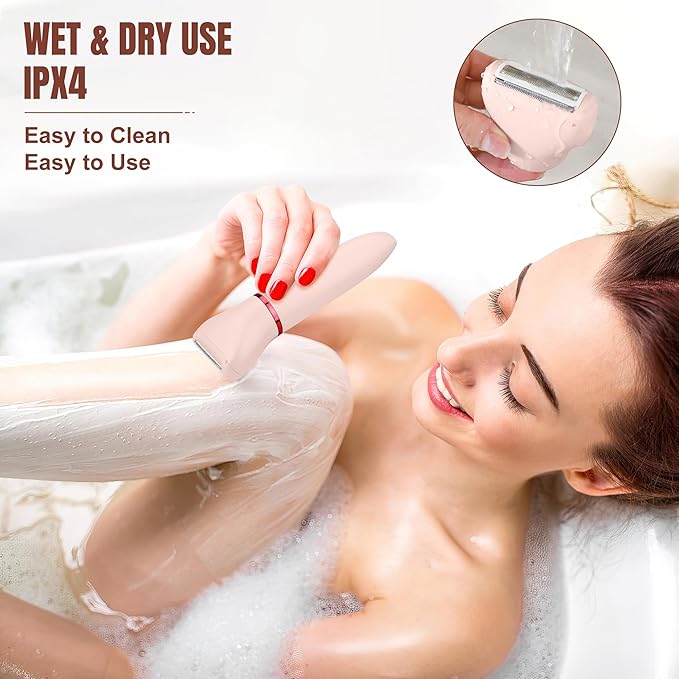 Karrte 2-in-1 Women Electric Shaver Dual Head Bikini Trimmer, Razors for Shaving Pubic Hair, Wet and Dry Cordless Painless Hair Removal for Private Area Pink