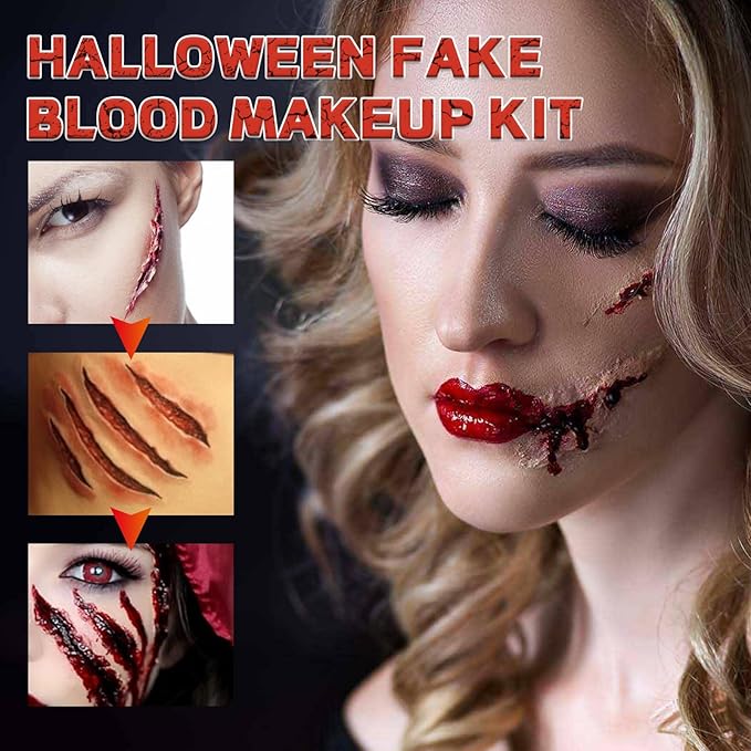 Halloween Fake Blood Kit,Fake Blood Spray+ Dripping Blood 1.76oz + Coagulated Gel Blood 1.06oz - Realistic Washable Fake Blood Makeup for Halloween Makeup Zombies Vampire Monster Cosplay & Dress Up