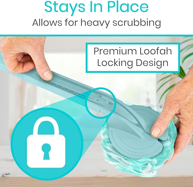 Vive Long Handled Loofah on a Stick - Mesh Back Sponge for Bath, Reusable w/Extra Pouf - Exfoliating Scrubber for Elderly & Disabled, Soft Loofa for Bathing Men & Women