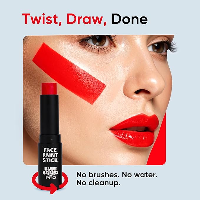 Blue Squid PRO Red Face Paint Stick - Waterproof Body Paint for Adults & Kids Eye Black Baseball, Eyeblack Softball - Vegan Hypoallergenic Twist-Up Non-Toxic Makeup Stick for Cosplay, Sports & SFX
