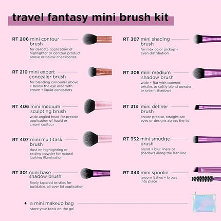 Real Techniques 11 Piece Travel Fantasy Mini Brush Set, Travel Size Makeup Brushes For Foundation Eyeshadow, Powder, Blush, Contour, & Concealer, Makeup Bag Included, Gift Set, Cruelty-Free