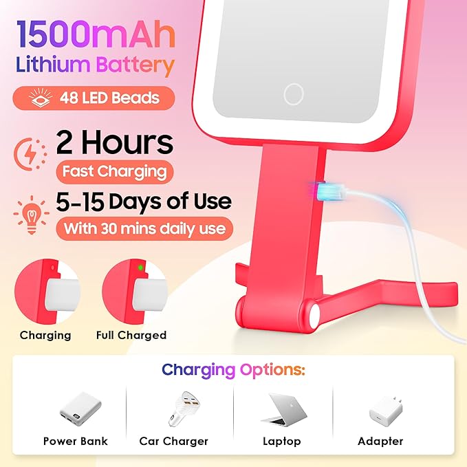 Magnifying Travel Mirror with Light, 30X/1X Double-Sided Magnifying Mirror with 3 Color Lights, Brightness Adjustable, Foldable Handheld Makeup Mirrors Portable for Travel and Desktop Use