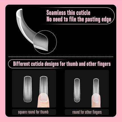 NOVO OVO Halloween Curved Nail Tips Press on Full Cover, Extra Curve Square Gel x Thick Long XL XXL Acrylic Fake Nails Extension kit, Clear Pre-etched French False Nail 12 Sizes 240pc QUEEN SQUARE PRO