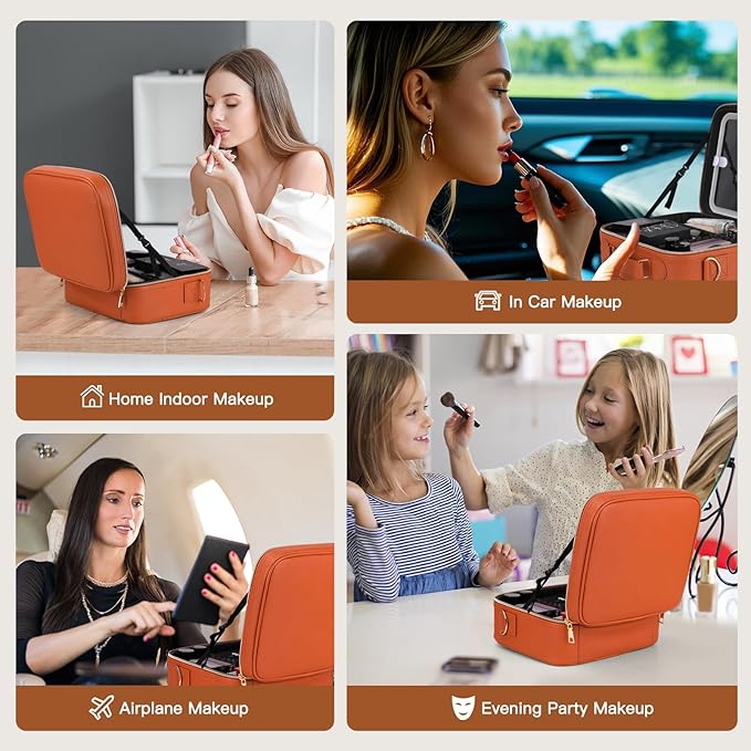 Travel Makeup Bag with LED Mirror, Cosmetic Bags for Women with Light up Mirror, Travel Essentials Makeup Organizer, Makeup Case with Adjustable Dividers and Brush Holder, 3 Color Lights