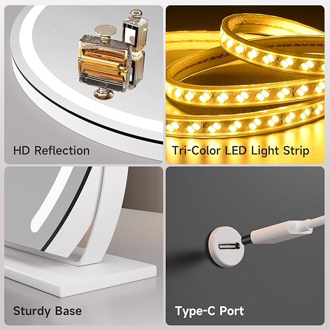 Hasipu Vanity Mirror with Lights, 13.7" x 10.6" LED Makeup Mirror, Lighted Makeup Mirror with Lights, Smart Touch Control 3 Colors Dimmable Mirror White