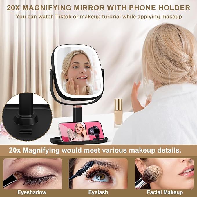 Mocado Makeup Mirror with Lights, 1X/20X Magnifying Mirror with Light, Vanity Mirror with 3 Colors Lights, Height Adjustable Lighted Makeup Mirror, Double Sided 360°Rotation, Memory Function (Black)