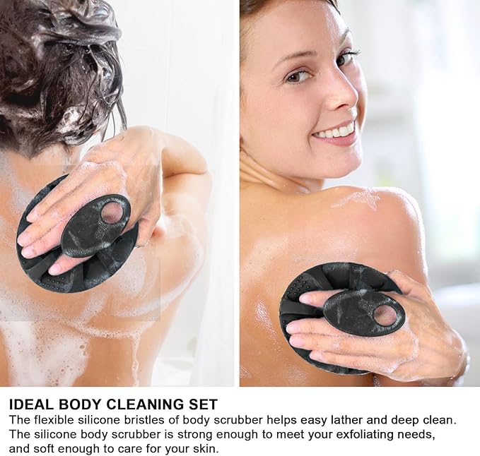 INNERNEED Soft Silicone Body Scrubber Exfoliating Glove Shower Cleansing Brush, SPA Massage Skin Care Tool, for Sensitive and All Kinds of Skin (Gray+Black)