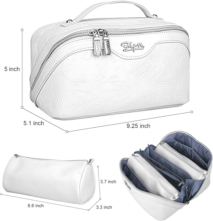 BOYATU Travel Makeup Bags Cosmetic Organizer Bag: 3-Set Large Capacity Make up Bag - PU Leather Toiletry Bags for Women - Wide Open Portable Pouch with Divider & Handle (02-White)