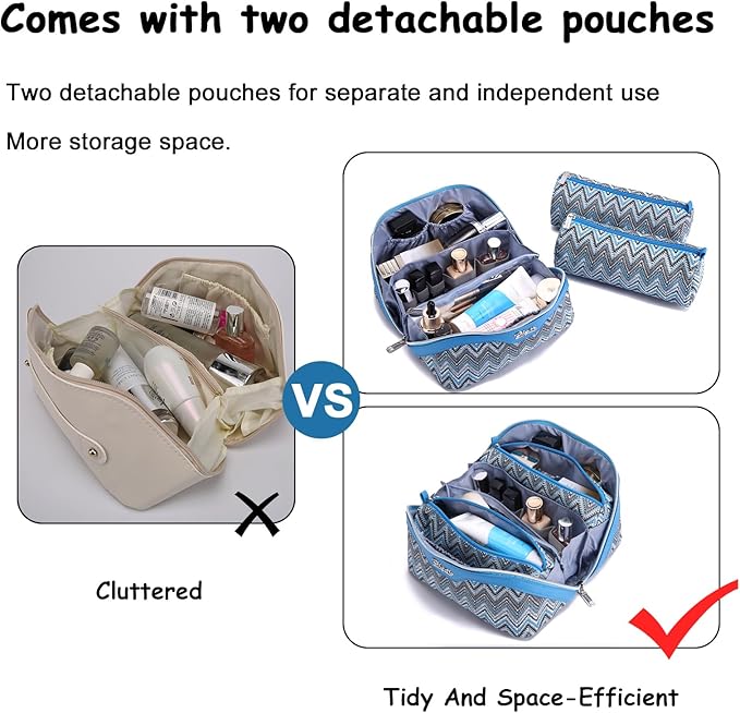 Travel Makeup Bag for Women: Western Boho Make up Bag Set of 3 - Large Capacity Vegan Leather Cosmetic Bag - Waterproof Toiletry Bag with Compartments & Handle & Divider(B-04Blue)