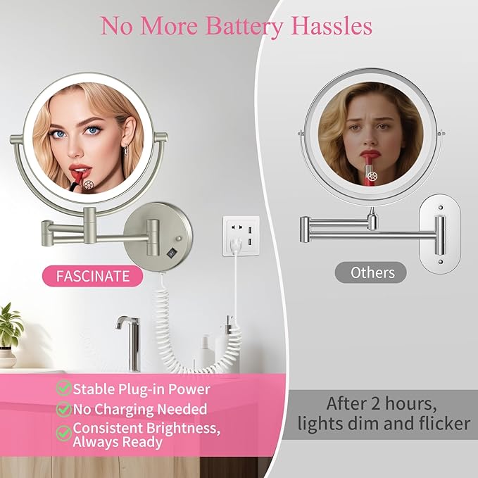 Wall Mounted Makeup Mirror with Lights, 30X/1X Double-Sided Magnifying, Plug-in Lighted Vanity Mirror with 3 Color Modes, Dimmable Brightness, 360° Swivel Extendable Arm for Bathroom & Grooming