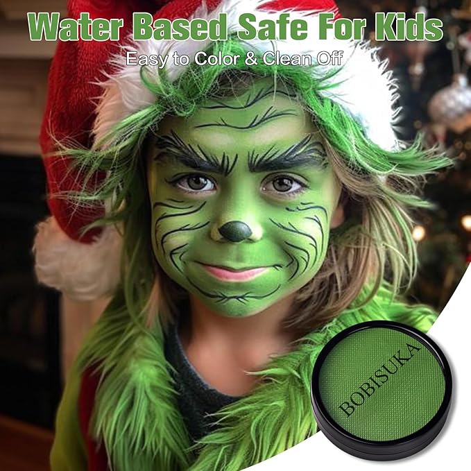 BOBISUKA Light Green Face Body Paint, Water-Based Face Painting for Halloween,Christmas & St. Patrick's Day, Kids Adults Facepaint for Witch Monster Gamora Goblin Grinch Hulk SFX Makeup Cosplay Party