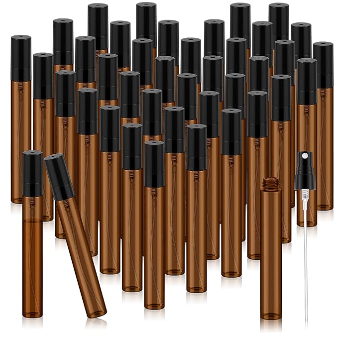 Zhehao 50 Pcs Mini Spray Bottles 10ml Clear Glass Perfume Bottles Refillable Fine Mist Perfume Atomizer Portable Empty Sample Containers for Cleaning, Essential Oils, Travel (Amber)