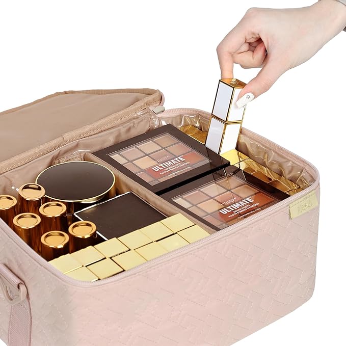 NISHEL Extra Large Double Layer Travel Makeup Bag Women, Cosmetic Organizer Case, Essentials Accessories with Shoulder Strap for Bottles, Brushes, Conditioner, Skin Care Products, Pink