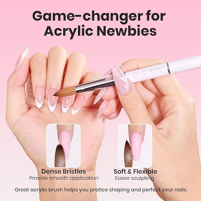 Beetles Acrylic Nail Brush Kolinsky Hair Bristles Round Shaped Metal Handle Nail Art Brushes for Manicure Extension Acrylic Powder DIY at Home Manicure Tool - Size 10