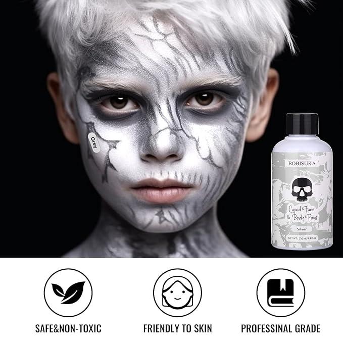BOBISUKA Silver Face Body Paint Liquid Texture Washable Non Toxic Facepaint Fast Drying Metallic Silver Foundation Makeup for Halloween Cosplay SFX Costume Party Large Capacity(130ml)