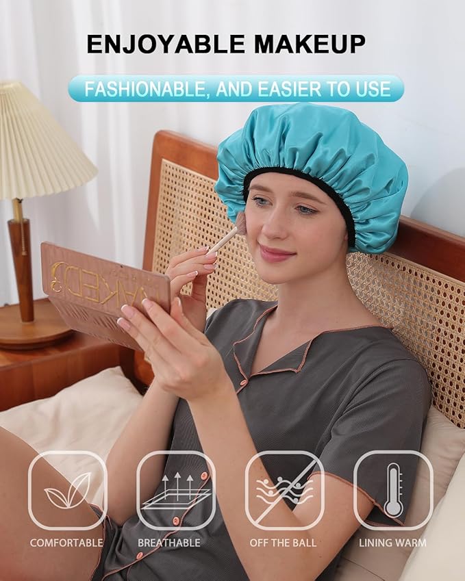 YIZIJIZI Triple Layer Reusable Waterproof Shower Cap for Women Large Terry Lined Hair Cap for Long Thick Hair Travel Bath Care Light Blue