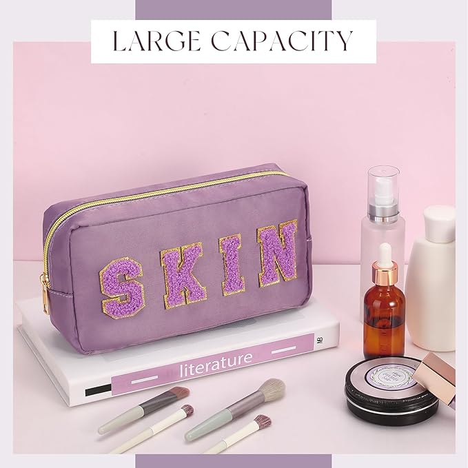 Cunno 4 Pcs Preppy Makeup Bags Chenille Letter Stuff Bag Nylon Cosmetic Pouch Cases with Zipper for Women Travel Toiletry