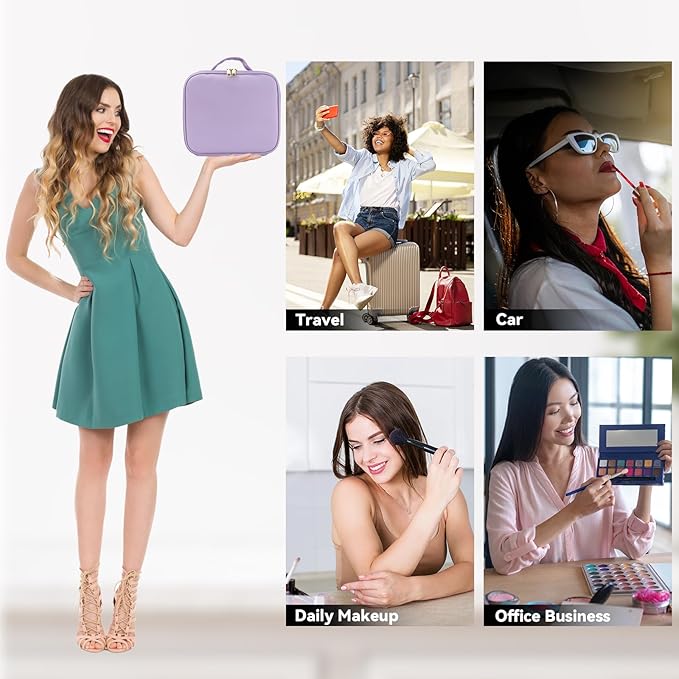 Travel Makeup Bag with LED Mirror and 10x magnifying glass with 3 Lighted Settings, Adjustable Dividers and Makeup Brush Storage Bag Purple