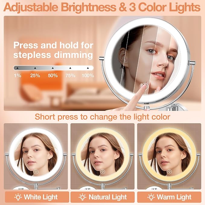 Benbilry 9" Large Wall Mounted Lighted Makeup Mirror, 1X/10X Magnifying 2-Sided AC Plug-in Powered Bathroom Mirror with 3 Color Lights, Touch Dimmable, Extended Arm 360° Rotation, Chrome