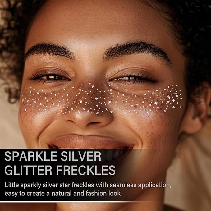 20 Pcs Silver Face Makeup Patches, Silver Glitter Freckles Face Tattoo, Easy Application Sparkle Makeup Freckles, Waterproof Glitter Freckles Patches for Women
