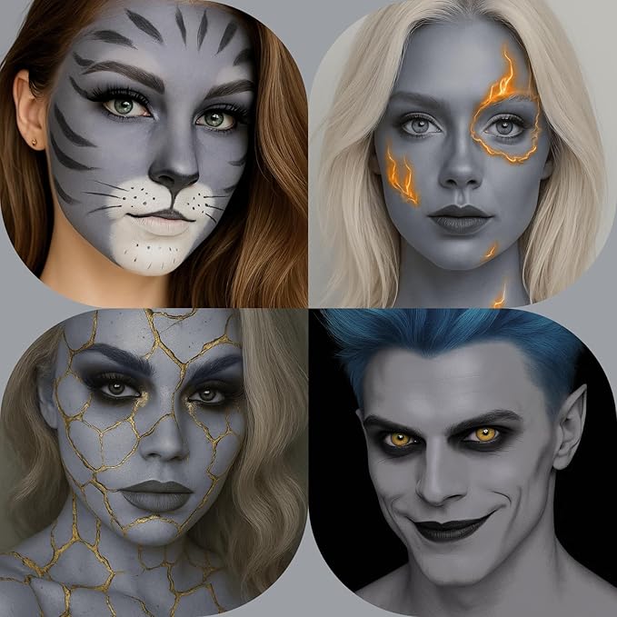 BOBISUKA Grey Face Body Paint, Water-Based Face Painting Kit & Body Paints, Kids Adults Facepaint for Halloween Zombie Grayscale Homestuck Raven Goth Makeup, Costume Cosplay Party Theater & Stage