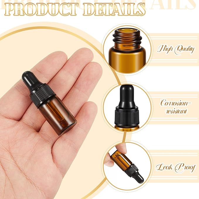 200 Pcs Mini Glass Oil Dropper Bottle Bulk, Clear Essential Small Empty Bottles Sample Containers Perfume Liquid Vials with Cap for Traveling (3 ml,Amber)