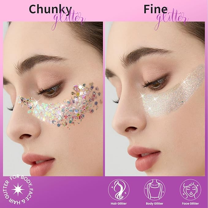 Teenitor Face Glitter, 2pcs Body Glitter Gel, Hair Glitter Gel, 20g/0.7oz Versatile Glitter Set for Face, Body, Hair, 2 Sizes White Glitter Gel for Makeup