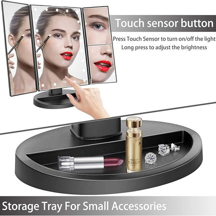 deweisn Tabletop Mount Trifold Lighted Vanity Mirror with 21 LED Lights, Touch Screen and 3X/2X/1X Magnification, Two Power Supply Mode Make up Mirror,Travel Mirror