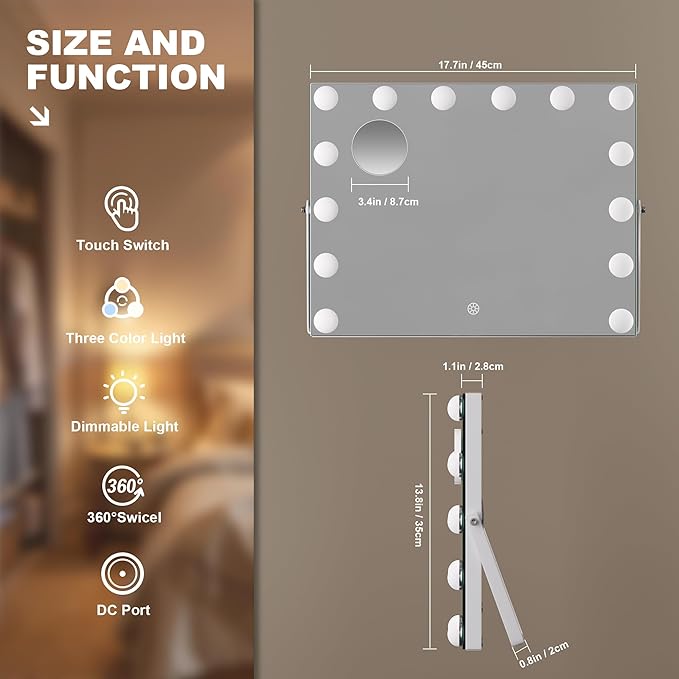 MINISO Vanity Mirror with Lights - 18" x 14" Hollywood Makeup Mirror with Adjustable Brightness,3 Modes Light, 360°Rotation