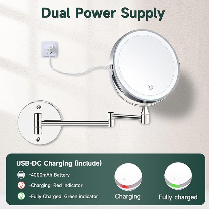 1X/10X Wall Mounted Lighted Makeup Mirror - 8" Dual-Sided Vanity Mirror with 3 Color Lights for Bathroom Bedroom Makeup Studio | 4000 mAh-USB Rechargeable | Touch Dimmable | Extended Arm 360° Rotation