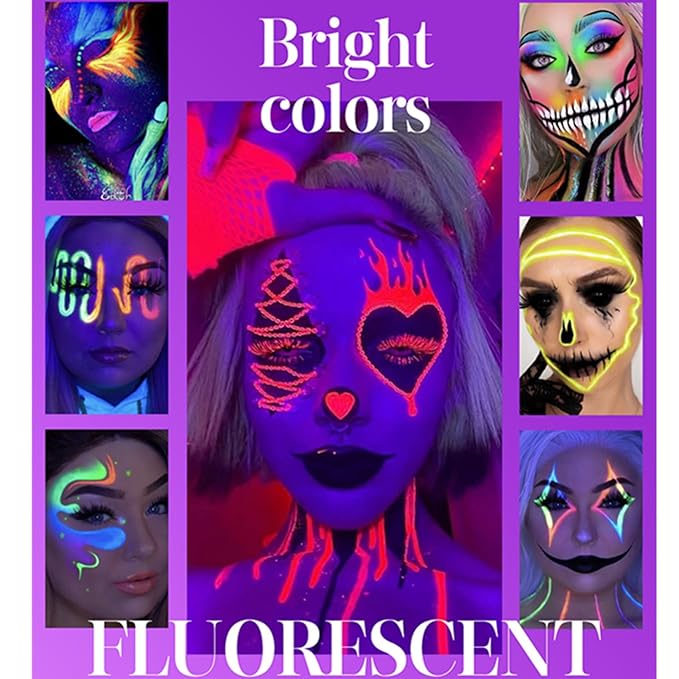 2 Packs Water Activated Eyeliner Palette, Halloween Neon Rainbow Colorful Face Body Paint Colored Liner Makeup Matte Eyeliner with Eyeliner Brushes U V Glow Fluorescent Black White Paint Makeup Set