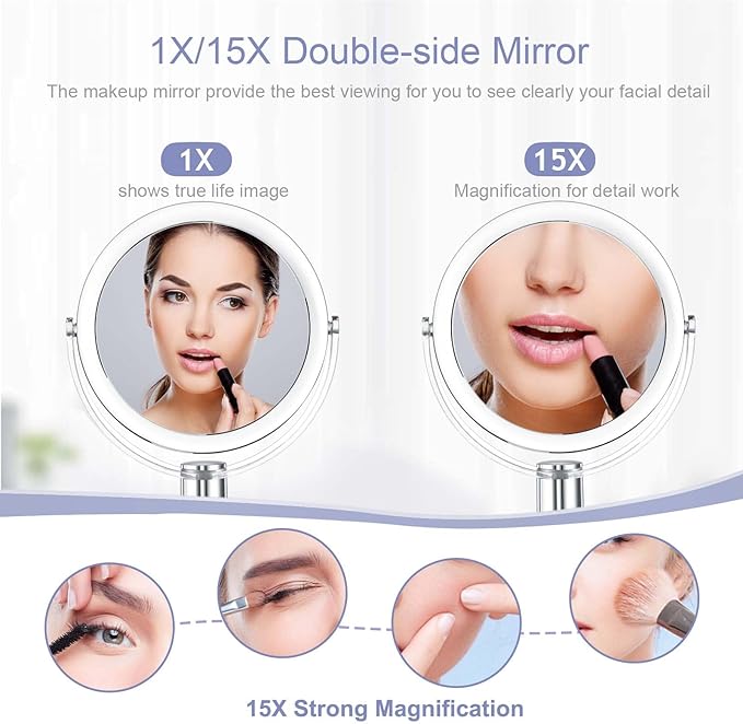 Vanity Mirror Makeup Mirror with Stand, 1X/15X Magnification Double Sided 360 Degree Swivel Magnifying Mirror, 7.4 Inch