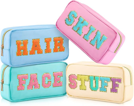 Cunno 4 Pcs Preppy Makeup Bags Chenille Letter Stuff Bag Nylon Cosmetic Pouch Cases with Zipper for Women Travel Toiletry