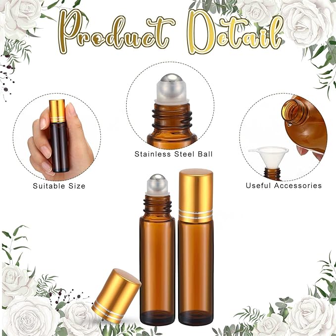 Sumind 150 Pcs Essential Oil Roller Bottles 10 ml Glass Empty Roll on Bottles with Stainless Steel Balls Leak Proof with 5 Funnel for Travel Essential Oil(Amber, Gold)