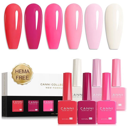 CANNI Pink Gel Nail Polish Set – 6 Colors Hot Light Pink, Magenta – Soak Off UV LED Gel for French Manicure, DIY Nail Art at Home, Long-Lasting Glossy Finish