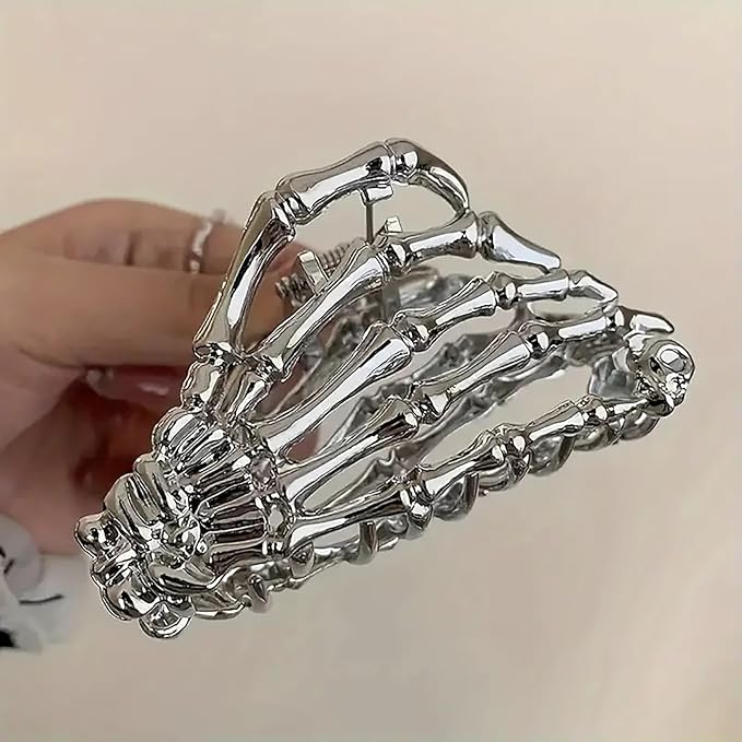 AIUPUOC Skull Hair Clips for Women: 2Pcs Large Gothic Silver Metal Hair Claw Clips for Thick Hair - Halloween, Spider, Skeleton Hand Designs