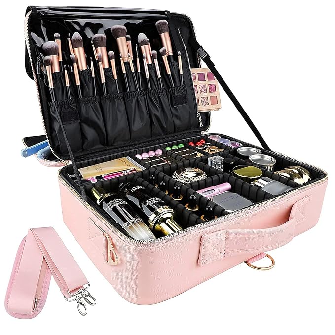 gzcz Travel Makeup Case 16.2 Inches Large Capacity Cosmetic Bag Organizer Portable Waterproof Artist Storage Bag with Adjustable Dividers and Shoulder Strap for Make up Brushes Jewelry (Pink)