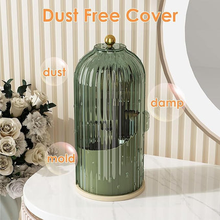Makeup Brush Holder with Lid 360 Rotating Clear Dustproof Make Up Organizers for Vanity Bathroom Countertop, Green Beige