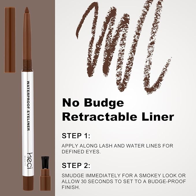 Mechanical Gel Eyeliner Pencil with a High-Pigment, Waterproof & Smudge-resistant, Glide Tip Eye Makeup with Up to 24HR Wear, Waterline Eye Liner with Built-in Sharpener (Brown)